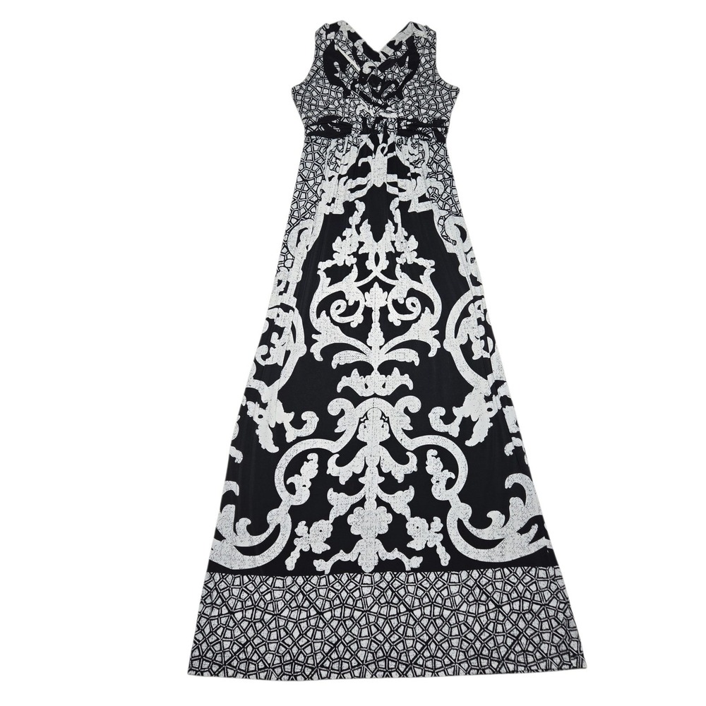 Soma Maxi Dress Boho Womens XS Black White Damask Print Sleeveless V-Neck Long